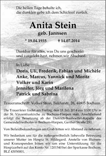 Traueranzeige von Anita Stein von Tageszeitung