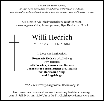 Traueranzeige von Willi Hedrich von Tageszeitung
