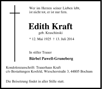 Traueranzeige von Edith Kraft von Tageszeitung