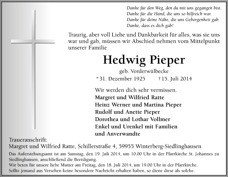  Traueranzeige für Hedwig Pieper vom 17.07.2014 aus Tageszeitung