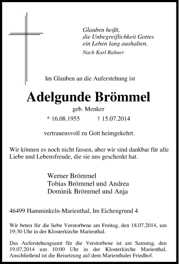 Traueranzeige von Adelgunde Brömmel von Tageszeitung