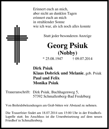 Traueranzeige von Georg Psiuk von Tageszeitung