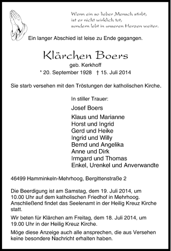 Traueranzeige von Klärchen Boers von Tageszeitung