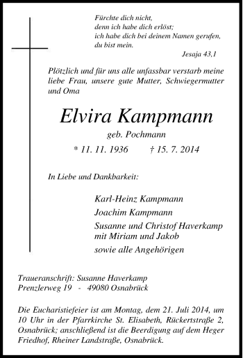 Traueranzeige von Elvira Kampmann von Tageszeitung