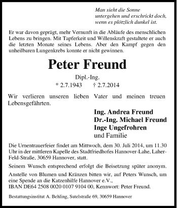 Traueranzeige von Peter Freund von Tageszeitung