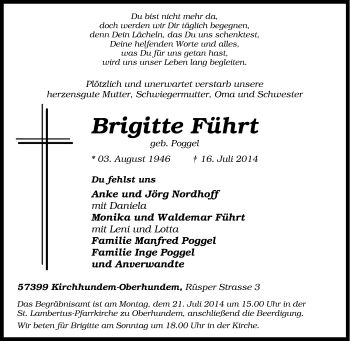 Traueranzeige von Brigitte Führt von Tageszeitung