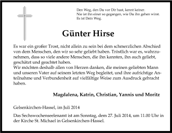 Traueranzeige von Günter Hirse von Tageszeitung