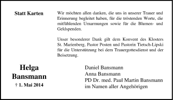Traueranzeige von Helga Bansmann von Tageszeitung