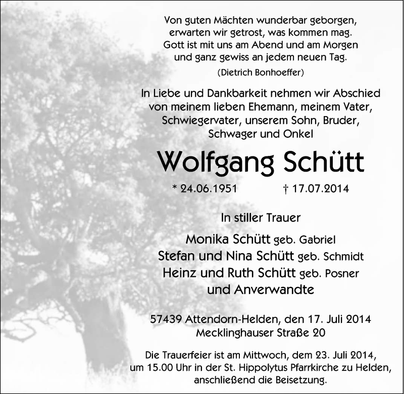  Traueranzeige für Wolfgang Schütt vom 19.07.2014 aus Tageszeitung