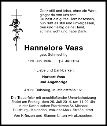 Traueranzeige von Hannelore Vaas von Tageszeitung
