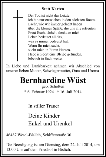 Traueranzeige von Bernhardine Wüst von Tageszeitung