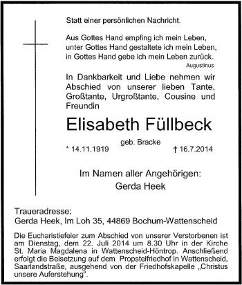 Traueranzeige von Elisabeth Füllbeck von Tageszeitung