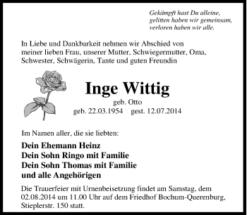 Traueranzeige von Inge Wittig von Tageszeitung