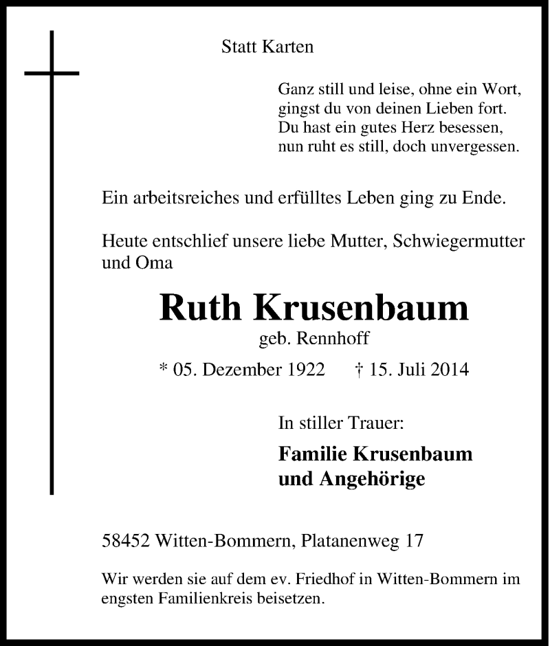  Traueranzeige für Ruth Krusenbaum vom 19.07.2014 aus Tageszeitung