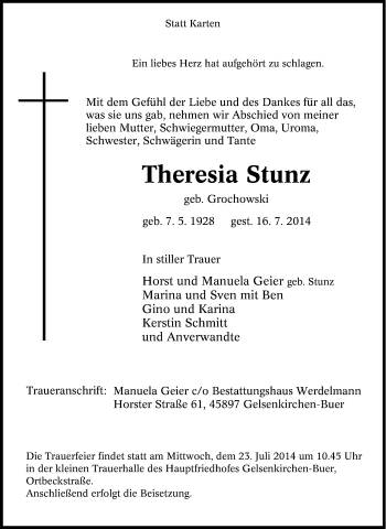Traueranzeige von Theresia Stunz von Tageszeitung