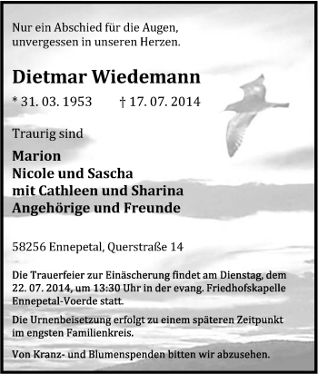 Traueranzeige von Dietmar Wiedemann von Tageszeitung