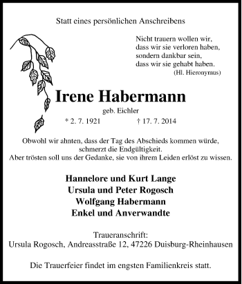 Traueranzeige von Irene Habermann von Tageszeitung