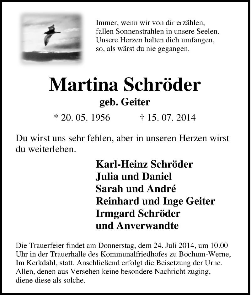  Traueranzeige für Martina Schröder vom 21.07.2014 aus Tageszeitung