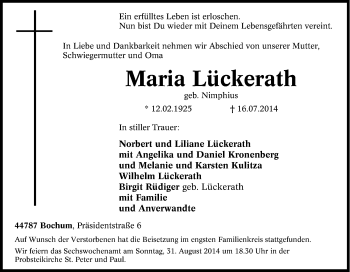 Traueranzeige von Maria Lückerath von Tageszeitung