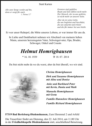 Traueranzeige von Helmut Homrighausen von Tageszeitung