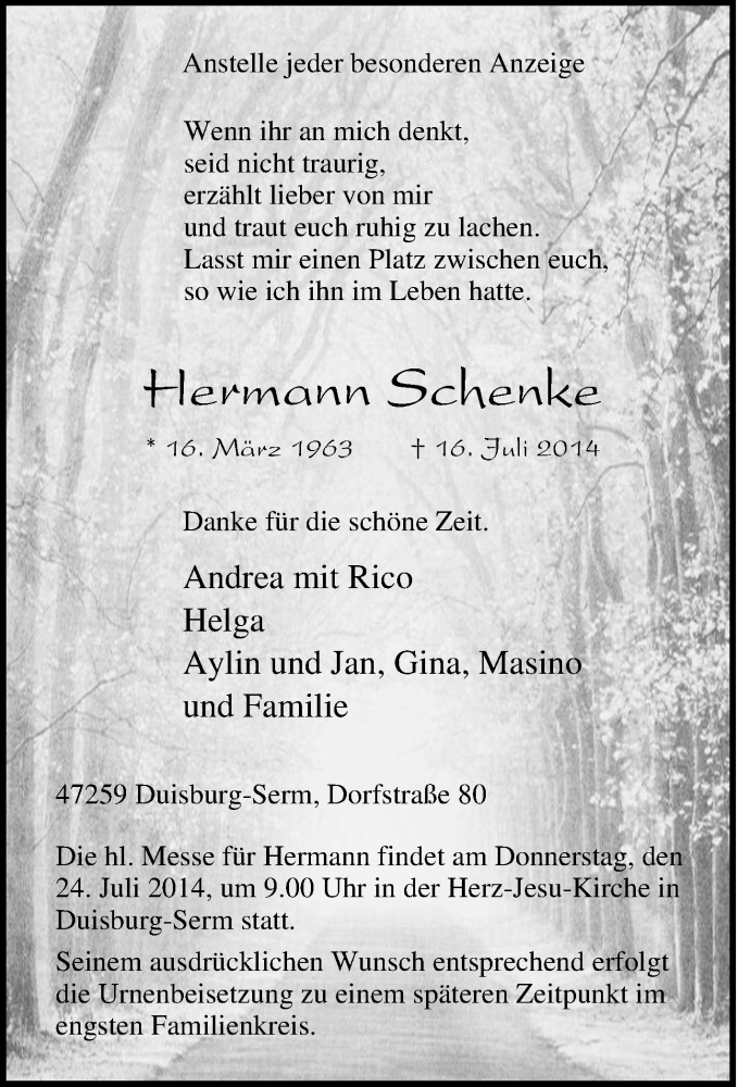 Traueranzeige für Hermann Schenke vom 19.07.2014 aus Tageszeitung