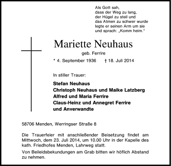 Traueranzeige von Mariette Neuhaus von Tageszeitung