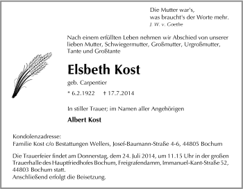 Traueranzeige von Elsbeth Kost von Tageszeitung