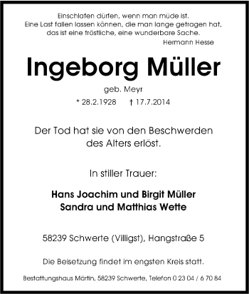 Traueranzeige von Ingeborg Müller von Tageszeitung