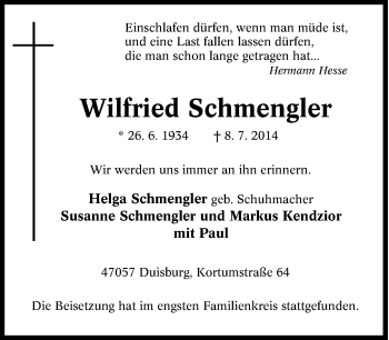 Traueranzeige von Wilfried Schmengler von Tageszeitung