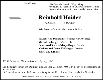 Traueranzeige von Reinhold Haider von Tageszeitung