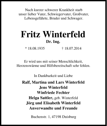 Traueranzeige von Fritz Winterfeld von Tageszeitung
