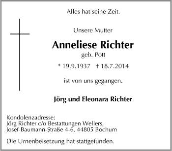 Traueranzeige von Anneliese Richter von Tageszeitung