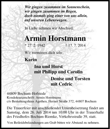 Traueranzeige von Armin Horstmann von Tageszeitung
