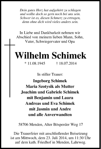 Traueranzeige von Wilhelm Schimek von Tageszeitung