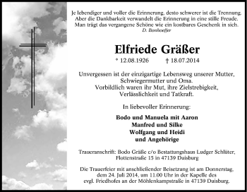 Traueranzeige von Elfriede Gräßer von Tageszeitung