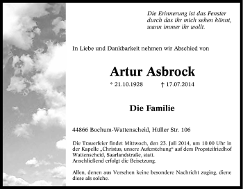 Traueranzeige von Artur Asbrock von Tageszeitung