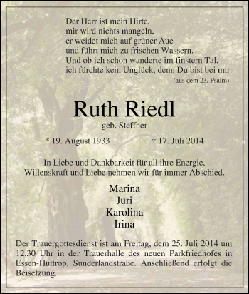 Traueranzeige von Ruth Riedl von Tageszeitung