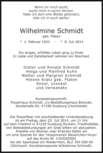 Traueranzeige von Wilhelmine Schmidt von Tageszeitung