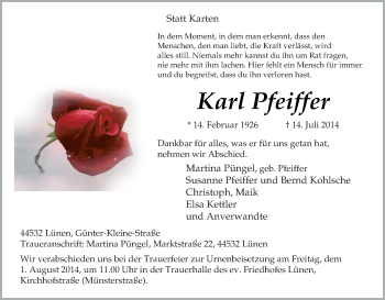Traueranzeige von Karl Pfeiffer von Tageszeitung