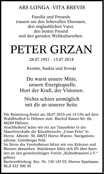 Traueranzeige von Peter Grzan von Tageszeitung