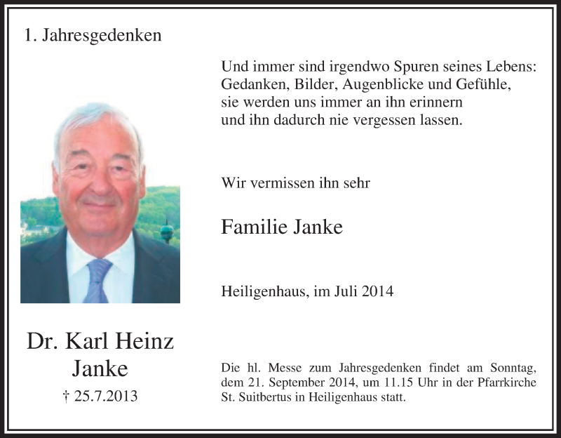 Traueranzeige für Karl Heinz Janke vom 26.07.2014 aus Tageszeitung