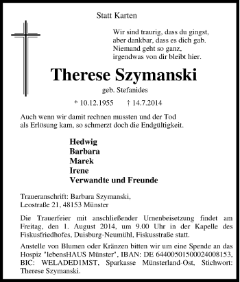Traueranzeige von Therese Szymanski von Tageszeitung