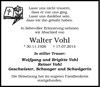 Traueranzeige von Walter Vohl von Tageszeitung