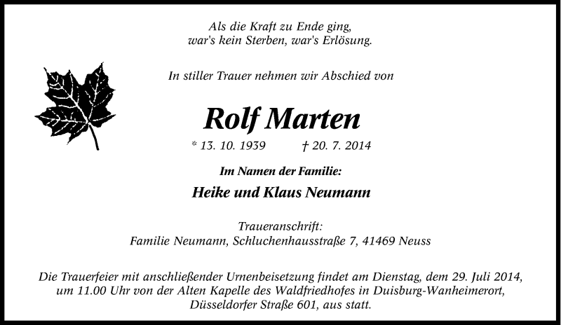  Traueranzeige für Rolf Marten vom 26.07.2014 aus Tageszeitung