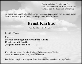 Traueranzeige von Ernst Karbus von Tageszeitung