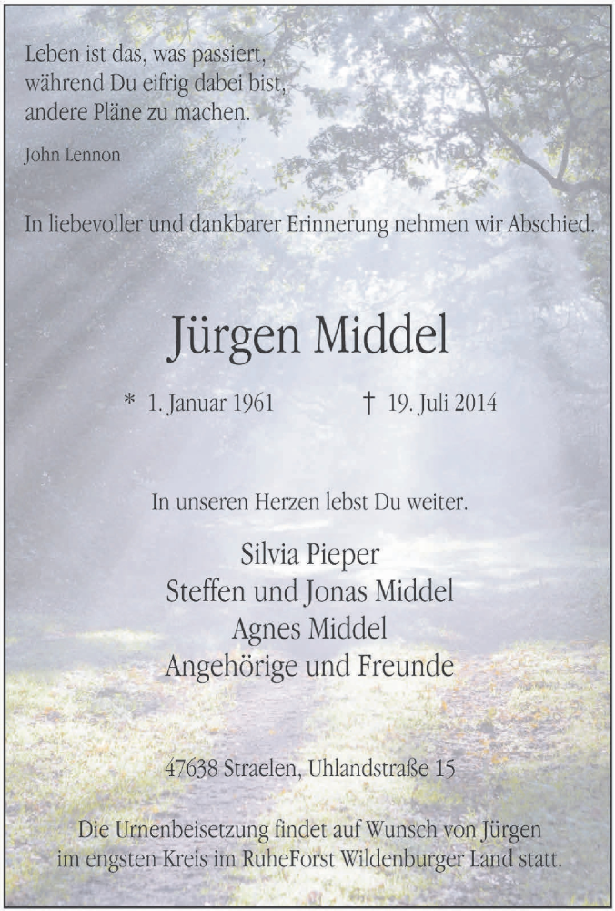  Traueranzeige für Jürgen Middel vom 26.07.2014 aus Tageszeitung