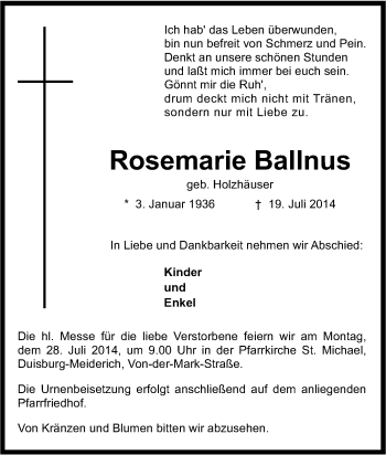 Traueranzeige von Rosemarie Ballnus von Tageszeitung