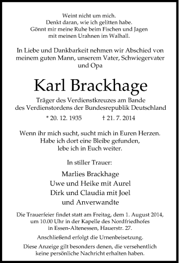 Traueranzeige von Karl Brackhage von Tageszeitung