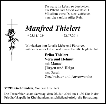 Traueranzeige von Manfred Thielert von Tageszeitung
