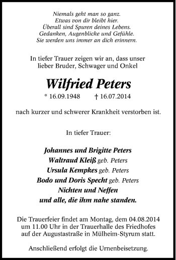 Traueranzeige von Wilfried Peters von Tageszeitung